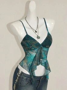 SHEIN ICON Women's Millennial Y2K Sexy Bohemian Retro Teal Paisley Print Asymmetrical Hem Ruffled V-Neck Slim Fit Camisole - Black - View 8