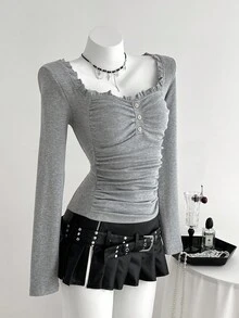 Elamini 1 chiếc áo thun nữ màu xám, cổ vuông có bèo nhún, dệt kim gân, co giãn, phù hợp cho mặc hàng ngày, đi làm, mùa tựu trường. - Xám - Xem 1