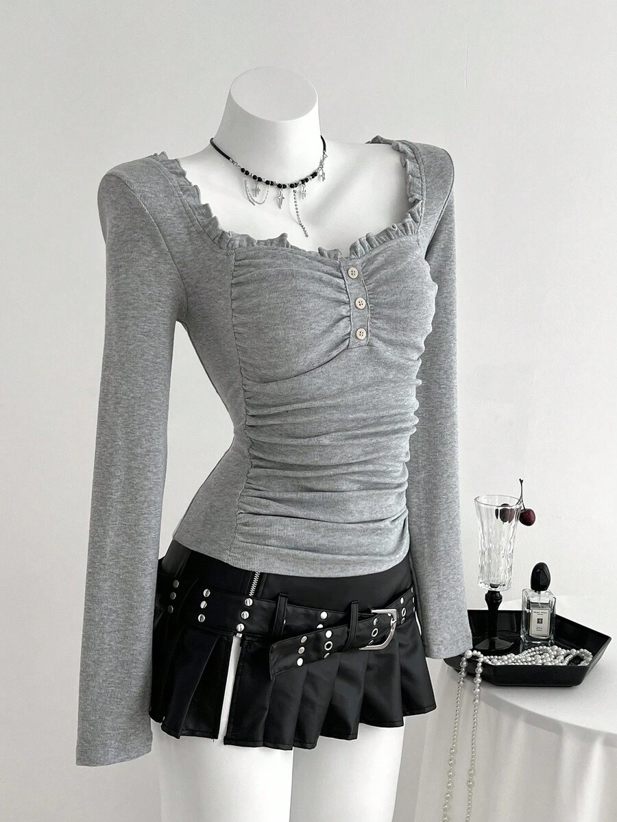 Elamini 1 chiếc áo thun nữ màu xám, cổ vuông có bèo nhún, dệt kim gân, co giãn, phù hợp cho mặc hàng ngày, đi làm, mùa tựu trường. - Xám - Xem 1