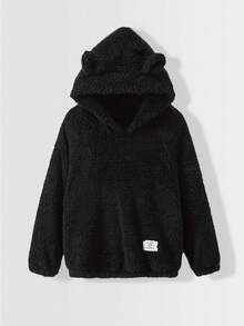 SHEIN 男童休闲日常舒适抓绒贴花卫衣，宽松套头衫，适合生日派对、晚宴、演出、婚礼、洗礼、开幕式等场合，日常穿着舒适，适合上学、旅行、运动，适合秋冬季节。带耳朵装饰，可爱秋季款。 - 黑色 - 查看 1