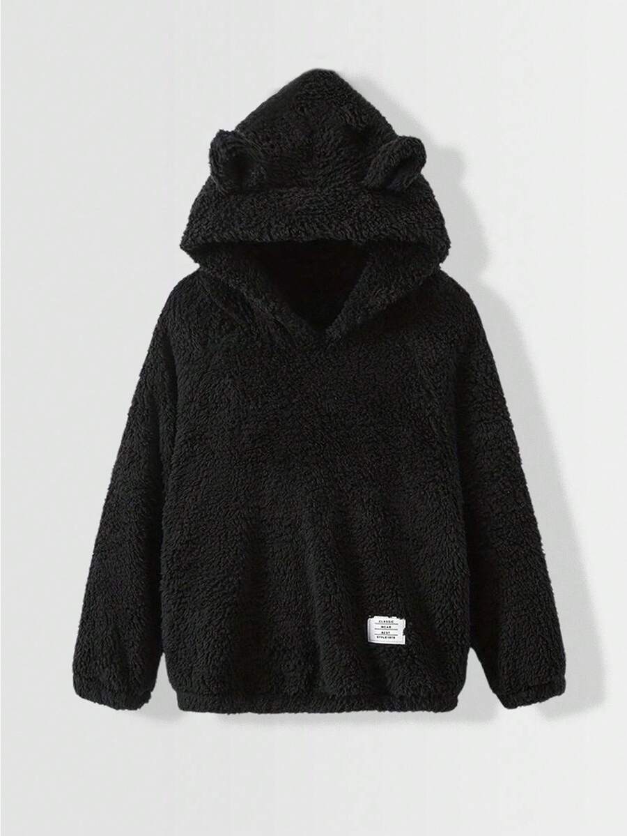 SHEIN 男童休闲日常舒适抓绒贴花卫衣,宽松套头衫,适合生日派对、晚宴、演出、婚礼、洗礼、开幕式等场合,日常穿着舒适,适合上学、旅行、运动,适合秋冬季节。带耳朵装饰,可爱秋季款。 - 黑色 - 查看 1