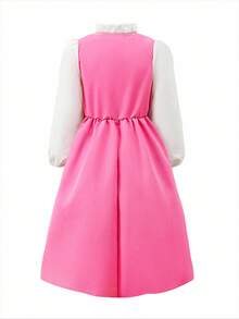 SHEIN Kleine Mädchen Frühling & Herbst Vintage akademischer Stil Gewebe Kleid mit 3D Schleifen Dekor, Rosa; Kleine Mädchen Weiß Langarm Kleid mit Rüschen Saum und Bernstein Knöpfen, geeignet für Schulanfang, süß & elegant für Alltag, Reisen, Fotoshootings und Zusammenkünfte Herbst Winter - Heißes Pink - Übersicht 2