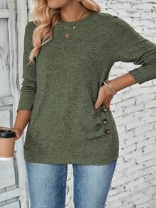 EMERY ROSE Plus Size Women Casual Long Sleeve Round Neck Button Hem T-Shirt - Army Green - View 5