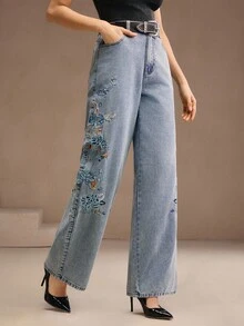 Anewsta Quần Jeans Denim Túi Xiên Thêu Hoa Thường Ngày Cho Nữ - Màu xanh nhạt - Xem 4