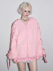 ROMWE Kawaii Rabbit Ear Bow Lace Trim Ribbon Decor Women Sweatshirt - Pink - View 3