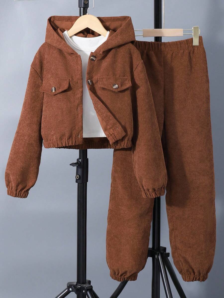 2 件套青少年女孩休闲纽扣式连帽衫和松紧腰裤套装 - 棕色 - 查看 1