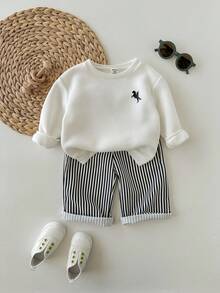 SHEIN 2 件女婴休闲条纹长袖卫衣和裤子套装，秋冬 - 白色 - 查看 6