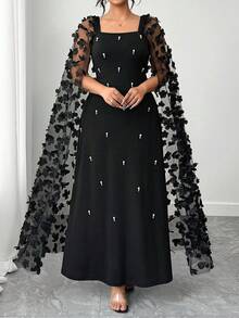 Elenzga 大码女式优雅派对串珠披肩领长袖针织连衣裙 - 黑色 - 查看 3