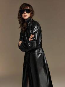 Ontre 2025现代都市风格长款皮衣直筒宽松版型商务休闲通勤日常穿搭秋季 - 黑色 - 查看 7