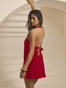 Aralina 宽肩带甜心领合身腰部纹理面料夏季度假装女式迷你连衣裙 - 紅色 - 查看 2