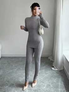 Elenzga Damen Herbst/Winter Lässig Rippstrick Pullover Zweiteiler, elegant & vielseitig, geeignet für Ausflüge, Dates, Arbeit, Schule und andere Anlässe