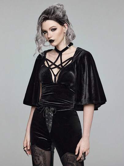 EDITION رداء أسود مخملي ذو قلنسوة مزين بنجمة خماسية الأضلاع، للمناسبات الغامضة والهالوين