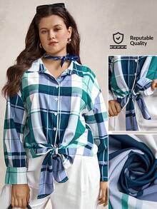 Zelara Chemise à manches longues avec nœud tricoté aux poignets pour femmes grandes tailles, style "Old Money", pour l'été, les années 90, les vacances de printemps, le style Ibiza, le style bohème de plage "Old Money", chemise boutonnée pour les festivals rave - Vert - Voir 1