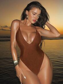 Swim SXY 1 件纯棕色泳衣，适合约会、海滩、毕业典礼 - 棕色 - 查看 3