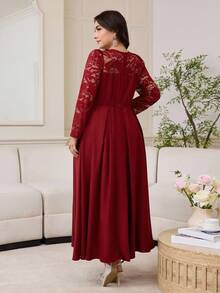 Modelyn Lace Patchwork Long Sleeve Solid Color Waist Cinched Plus Size Dress For Women - Burgundy - View 2