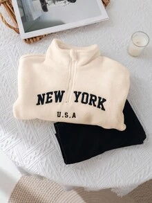 Baby Girl Cute Letter Pattern Stand Collar Fleece Sweatshirt And Elastic Waist Pants Set, Autumn & Winter