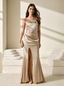 CLARA VERO Pink Satin Extra Long Night Going Out Dress - Beige - View 3
