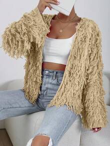 EMERY ROSE Women's Casual Solid Color Fringe Long Sleeve Cardigan - Beige - View 3