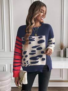 EMERY ROSE Áo len dệt kim dài tay cổ tròn màu tương phản dành cho nữ - Nhiều màu - Xem 5