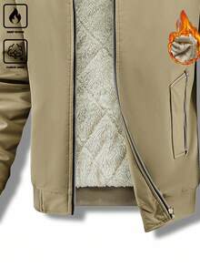 Manfinity Homme Men's Plus Size Winter Fleece Coat, Modest Hiking Outdoor, Loose Khaki Lapel Quilted Lining Zipper Pocket Coat - Khaki - View 5