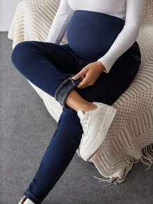 SHEIN Maternity Navy Blue Skinny Jeans For Pregnant Women,Thermal Lined Over The Bump Denim With Stretchy Belly Panel,Smart Casual Autumn Winter Streetwear - Blue - View 6