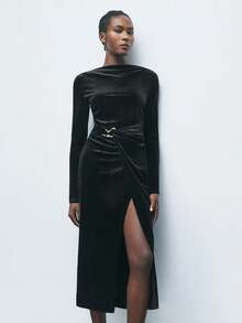 Maija Women's Elegant Long Sleeve Ruched Split Midi Dress, Autumn Black High Slit Dress Split Dress Wrap Dress,Black Dresses For Women,Black Dress ,Elegant Dresses For Women, Elegant Evening Dresses, New Year Outfit , Halloween Costumes , Autumn Outfits For Women, Women's Winter Clothes - Black - View 1