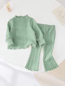 SHEIN Babygirl Green Ruffle Trim Long Sleeve Top And Elastic Waist Flare Pants Set, Autumn/Winter Mint Green Baby Girl Set Baby Girl Mint Green Outfit Toddler Girl Green Outfit Set Baby Girl Green Outfit Set Woven Green Outfit Set Baby Fall - Green - View 3