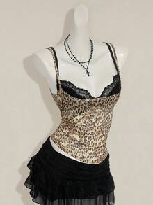 SHEIN ICON Áo hai dây họa tiết da báo dành cho nữ, kết hợp với áo ngực dây mảnh ren đen, bộ 2 món - Nhiều màu - Xem 7