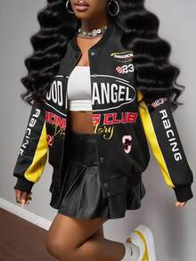 Slaydiva Women's Black Early Autumn Streetwear Everyday Back-To-School Baseball Jacket Retro Slogan Logo Printed Off-The-Shoulder Loose Long-Sleeved Jacket - Black - View 5