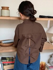 Dazy Kids Girls Young Girl Casual Style Shirt, Open Back Design With Cute Bow, Suitable For Daily Wear, Simple And Fashionable - Brown - View 3