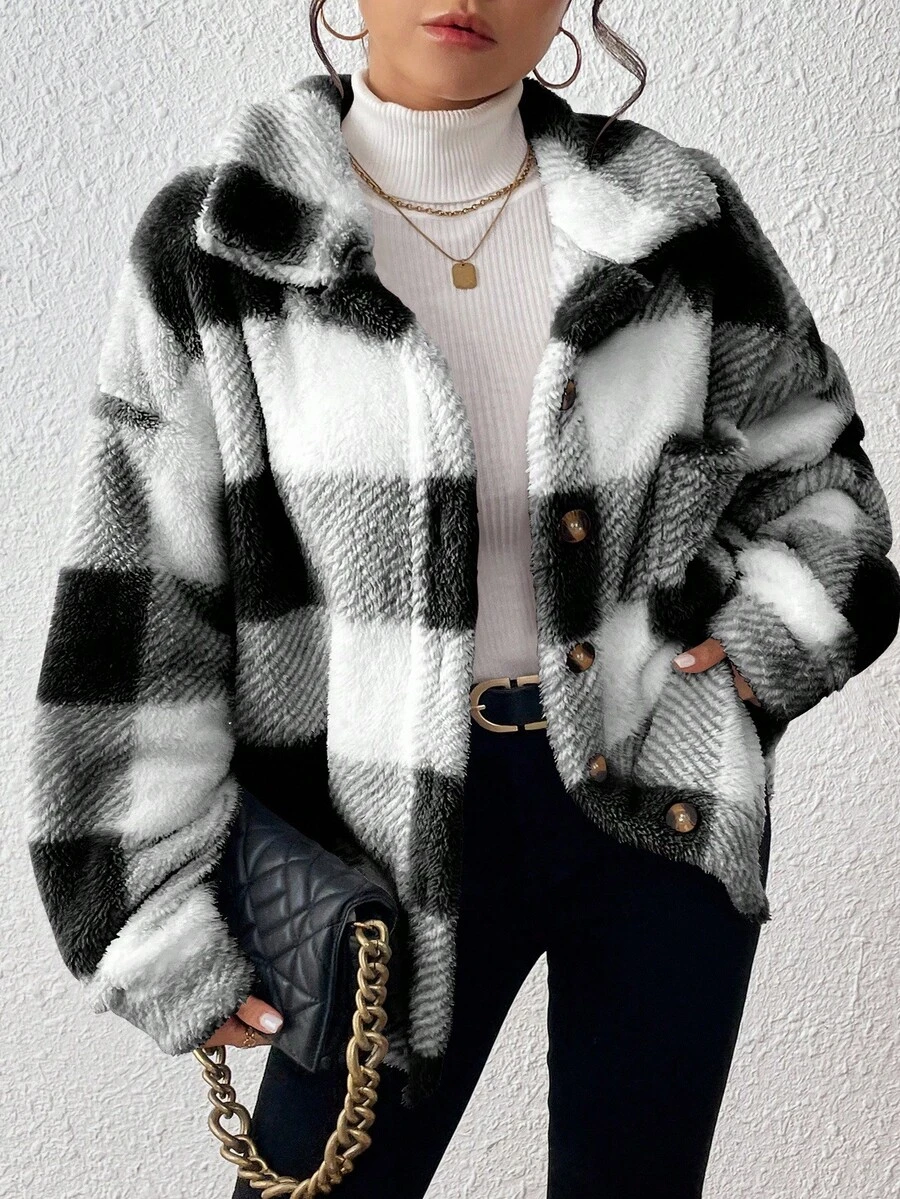 INAWLY Plus Size Casual Colorblock Plaid Fuzzy Jacket, Autumn/Winter - Black - View 1