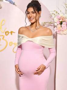 Loomaby 孕妇装拼色长袖露肩鱼尾下摆修身优雅连衣裙 - 粉色 - 查看 5