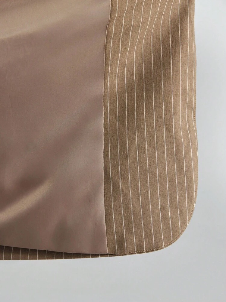 Khaki Women's Blazer Jacket,Summer Business Casual Office Wear,Striped Fabric,Modern Urban Style Minimalist Design,Old Money Elegant Autumn Apparel
