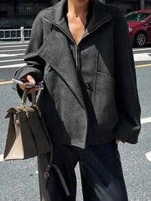 DAZY 女士立领双排扣拉链宽松休闲夹克冬季女式外套 - 深灰色 - 查看 4