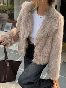 Livesso 女士休闲仿毛领短外套，秋季女式外套 - 卡其色 - 查看 1