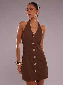 SHEIN BAE 女式性感纯色前扣露背吊带迷你连衣裙，夏季 - 棕色 - 查看 5