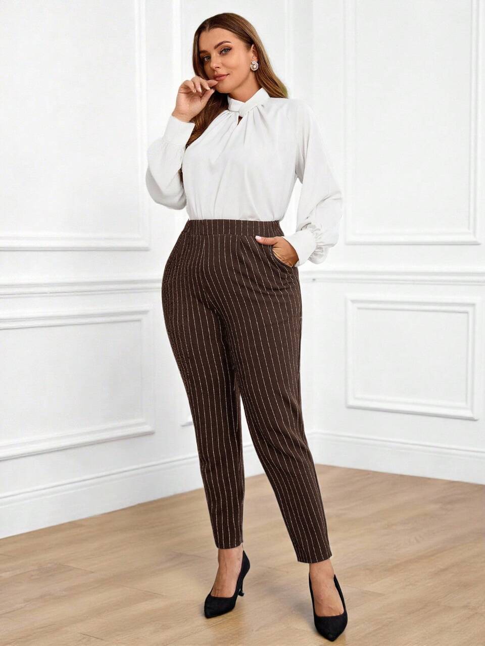 Plus Size Women's Fashionable Commuter Striped Slim Fit Pants