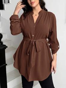 SHEIN Essnce 大码女式秋冬宽松休闲长袖棕色长衬衫，V领，适合工作、教师、返校、办公室穿着，秋季上衣 - 棕色 - 查看 7