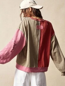 Bohemela Women's Grey And Pink Loose Washed Sweatshirt,Grunge Vintage Knit Patchwork Holes Detail Outerwear,Boho Western Country Style,Autumn Everyday Casual - Multicolor - View 6