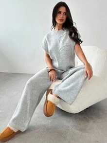 Firerie 女士时尚休闲度假 3D 扭纹圆领无袖毛衣上衣和裤子毛衣套装，休闲宽松裤套装，秋冬灰色扭纹毛衣套装 - 灰色 - 查看 6