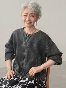 FRIFUL 女式落肩长袖拉链休闲牛仔夹克牛仔夹克短款夹克黑色牛仔夹克加大码牛仔夹克秋冬 - 黑色 - 查看 6