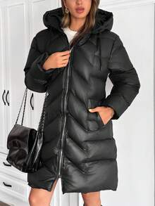 EURMUSE Paltoane de iarnă cu fermoar și buzunar în culori solide pentru femei - Negru - Vizualizare 6