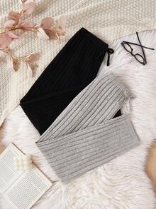 SHEIN 2 件女童罗纹面料仿蝴蝶结直筒休闲裤，舒适休闲，适合外出穿着，黑色和浅灰色 - 彩色 - 查看 5