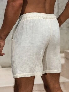 VENTUSAIL Men's Solid Color Drawstring Waist Pocket Casual Cotton Shorts Men Drawstring Shorts Men Summer Shorts, Holiday - Beige - View 2
