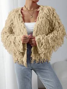EMERY ROSE Women's Casual Solid Color Fringe Long Sleeve Cardigan - Beige - View 4