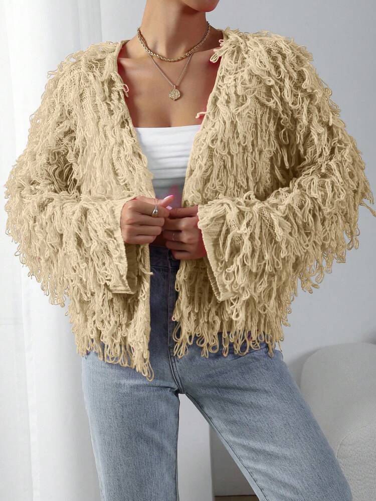 EMERY ROSE Women's Casual Solid Color Fringe Long Sleeve Cardigan - Beige - View 4