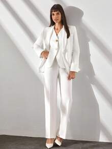 CLARA VERO Women's Solid Gold Button Front Seam Detailed Wide Leg Good Quality Elegant Three Pieces Suit Set - White - View 1