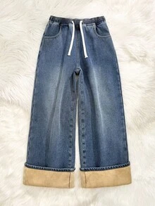 SHEIN 少女宽松抽绳腰蓝色牛仔保暖裤，秋冬季，保暖内衬牛仔裤，冬季牛仔裤，牛仔裤，保暖牛仔裤，休闲学院风，舒适时尚，简约实用，百搭柔软棉质面料，适合日常穿着、上学、旅行、户外活动，秋冬季返校季 - 中等水洗藍 - 查看 5