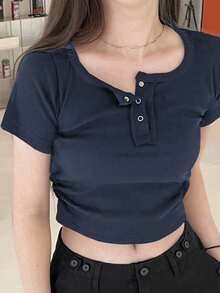 Camiseta corta y ajustada de color liso para mujer en verano - Azul Marino - Ver 4