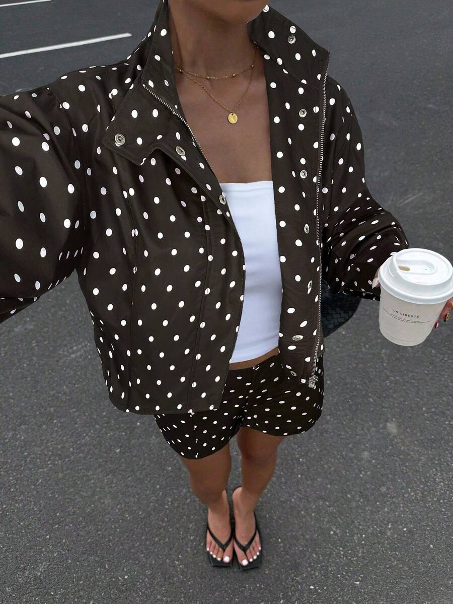 Muchica 2 件套女士波尔卡圆点印花长袖拉链夹克和短裤休闲宽松 Y2K 服装，2025 年秋季 - 咖啡棕 - 查看 1